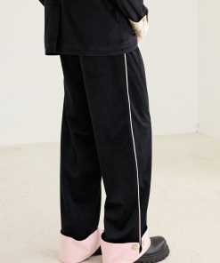 Chinese-Style Color-Block Black Velvet Wide-Leg Trousers - Casual Straight-Leg Pants for Effortless Y2K Fashion