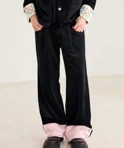 Chinese-Style Color-Block Black Velvet Wide-Leg Trousers - Casual Straight-Leg Pants for Effortless Y2K Fashion