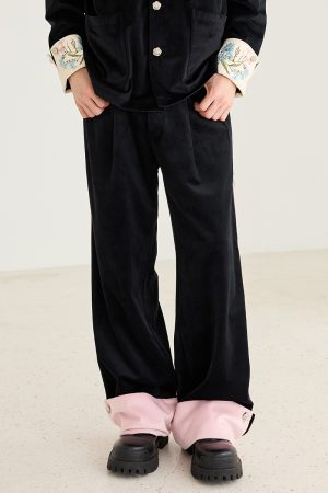 Chinese-Style Color-Block Black Velvet Wide-Leg Trousers - Casual Straight-Leg Pants for Effortless Y2K Fashion
