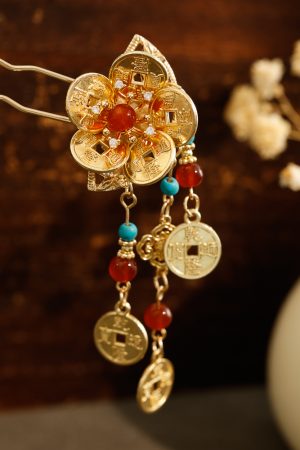 Chinese-Style Copper Coin Flower Hairpin, Versatile National Design for Daily Wear, High-End Step-Shake Headwear
