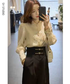 Chinese-Style Embroidered Two-Piece Set - High-Waisted Slim-Fit Pants & Professional Shirt, Niche Fashion Design