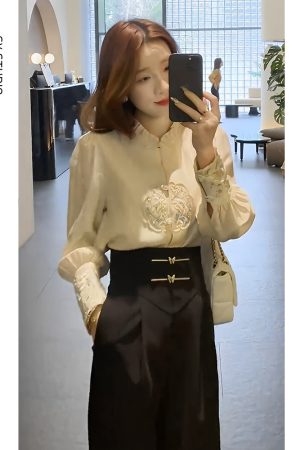 Chinese-Style Embroidered Two-Piece Set - High-Waisted Slim-Fit Pants & Professional Shirt, Niche Fashion Design