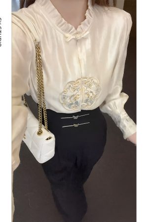 Chinese-Style Embroidered Two-Piece Set - High-Waisted Slim-Fit Pants & Professional Shirt, Niche Fashion Design
