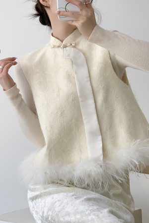 Chinese Style Embroidered White Duck Down Vest Coat with Ostrich Feather â€“ Sleeveless Autumn Winter Fashion