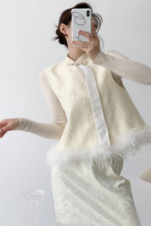 Chinese Style Embroidered White Duck Down Vest Coat with Ostrich Feather â€“ Sleeveless Autumn Winter Fashion