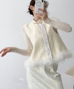 Chinese Style Embroidered White Duck Down Vest Coat with Ostrich Feather â€“ Sleeveless Autumn Winter Fashion