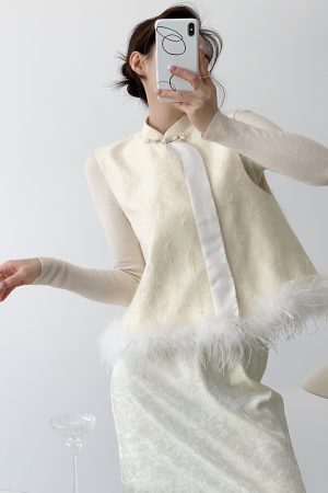 Chinese Style Embroidered White Duck Down Vest Coat with Ostrich Feather â€“ Sleeveless Autumn Winter Fashion