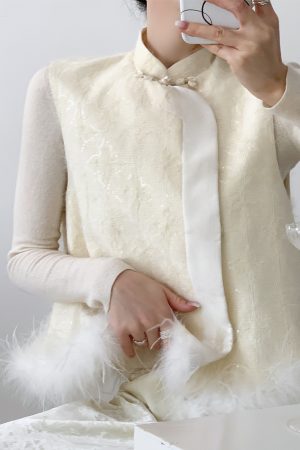 Chinese Style Embroidered White Duck Down Vest Coat with Ostrich Feather â€“ Sleeveless Autumn Winter Fashion
