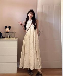 Chinese-Style Floral Halter Dress - Sleeveless, Slim Fit, Elegant Fairy Design for Summer