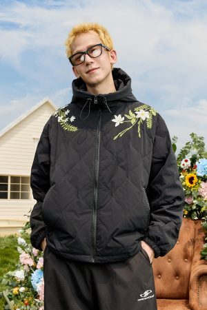 Chinese-Style Floral Wreath Gourd Quilted Lightweight Down Jacket Coat with Over-the-Shoulder Design