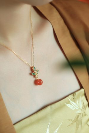 Chinese Style Flower Branch Red Agate Necklace with Pure Silver and Fortune Bead Pendant - Natural Ice Design for Women