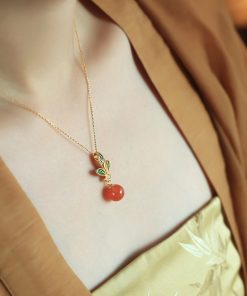 Chinese Style Flower Branch Red Agate Necklace with Pure Silver and Fortune Bead Pendant - Natural Ice Design for Women