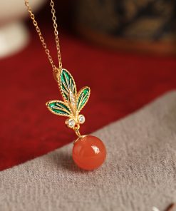 Chinese Style Flower Branch Red Agate Necklace with Pure Silver and Fortune Bead Pendant - Natural Ice Design for Women