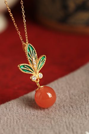 Chinese Style Flower Branch Red Agate Necklace with Pure Silver and Fortune Bead Pendant - Natural Ice Design for Women