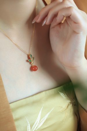 Chinese Style Flower Branch Red Agate Necklace with Pure Silver and Fortune Bead Pendant - Natural Ice Design for Women
