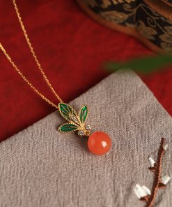 Chinese Style Flower Branch Red Agate Necklace with Pure Silver and Fortune Bead Pendant - Natural Ice Design for Women