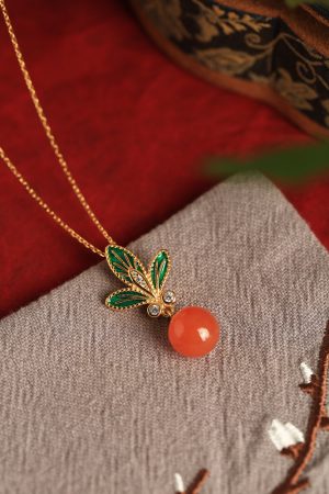 Chinese Style Flower Branch Red Agate Necklace with Pure Silver and Fortune Bead Pendant - Natural Ice Design for Women