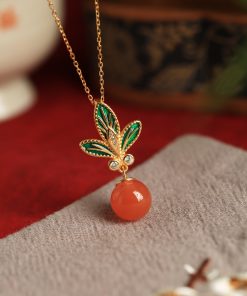 Chinese Style Flower Branch Red Agate Necklace with Pure Silver and Fortune Bead Pendant - Natural Ice Design for Women