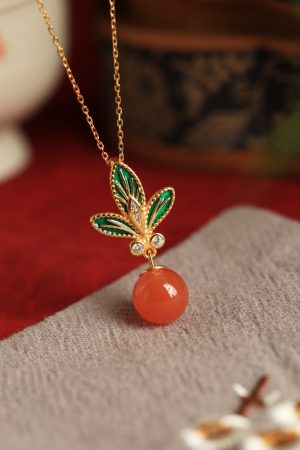 Chinese Style Flower Branch Red Agate Necklace with Pure Silver and Fortune Bead Pendant - Natural Ice Design for Women