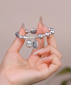 Chinese Style Fortune Cat Bead Bracelet for Women - Six-Character Mantra Luck Transfer, Emotion Stabilizing Half Bangle Chain 2025