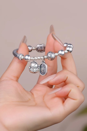 Chinese Style Fortune Cat Bead Bracelet for Women - Six-Character Mantra Luck Transfer, Emotion Stabilizing Half Bangle Chain 2025