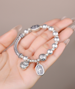Chinese Style Fortune Cat Bead Bracelet for Women - Six-Character Mantra Luck Transfer, Emotion Stabilizing Half Bangle Chain 2025