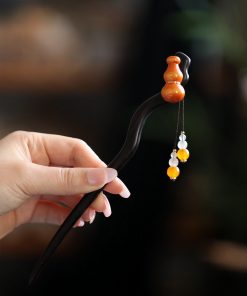 Chinese Style Gourd Tassel Wooden Hairpin for Girls - Ancient Qipao Updo Hair Accessory, Simple Daily Use, Hanfu Decoration