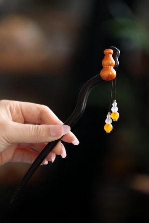 Chinese Style Gourd Tassel Wooden Hairpin for Girls - Ancient Qipao Updo Hair Accessory, Simple Daily Use, Hanfu Decoration