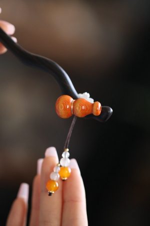 Chinese Style Gourd Tassel Wooden Hairpin for Girls - Ancient Qipao Updo Hair Accessory, Simple Daily Use, Hanfu Decoration