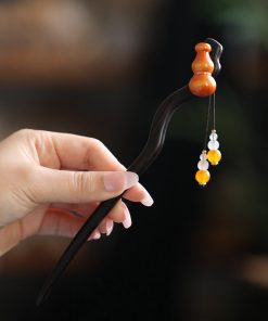 Chinese Style Gourd Tassel Wooden Hairpin for Girls - Ancient Qipao Updo Hair Accessory, Simple Daily Use, Hanfu Decoration