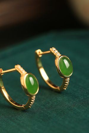 Chinese Style Green Jade Ear Clips for Women, Light Luxury Silver and Gold Inlaid Earrings, Elegant National Wind Accessories