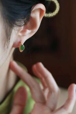Chinese Style Green Jade Ear Clips for Women, Light Luxury Silver and Gold Inlaid Earrings, Elegant National Wind Accessories