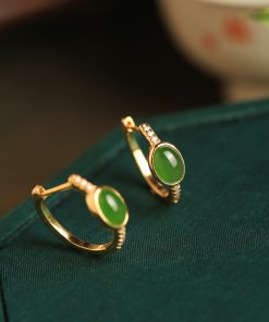 Chinese Style Green Jade Ear Clips for Women, Light Luxury Silver and Gold Inlaid Earrings, Elegant National Wind Accessories