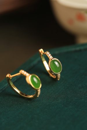 Chinese Style Green Jade Ear Clips for Women, Light Luxury Silver and Gold Inlaid Earrings, Elegant National Wind Accessories