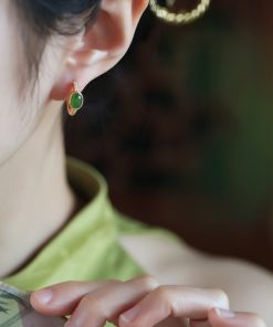 Chinese Style Green Jade Ear Clips for Women, Light Luxury Silver and Gold Inlaid Earrings, Elegant National Wind Accessories