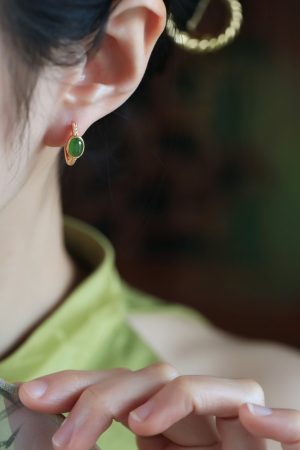 Chinese Style Green Jade Ear Clips for Women, Light Luxury Silver and Gold Inlaid Earrings, Elegant National Wind Accessories