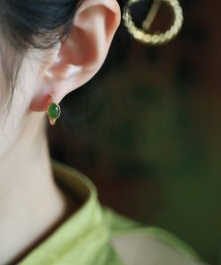 Chinese Style Green Jade Ear Clips for Women, Light Luxury Silver and Gold Inlaid Earrings, Elegant National Wind Accessories