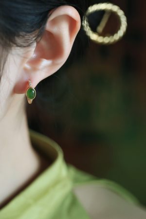 Chinese Style Green Jade Ear Clips for Women, Light Luxury Silver and Gold Inlaid Earrings, Elegant National Wind Accessories