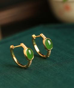 Chinese Style Green Jade Ear Clips for Women, Light Luxury Silver and Gold Inlaid Earrings, Elegant National Wind Accessories