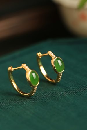 Chinese Style Green Jade Ear Clips for Women, Light Luxury Silver and Gold Inlaid Earrings, Elegant National Wind Accessories