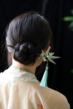 Chinese-Style Hairpin, Qipao Hair Accessory with Embroidered Bamboo Leaves and Flowing Tassel, Hanfu National Style Pin