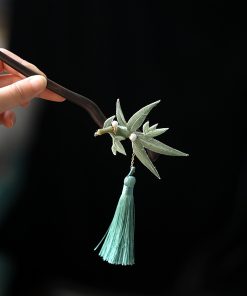 Chinese-Style Hairpin, Qipao Hair Accessory with Embroidered Bamboo Leaves and Flowing Tassel, Hanfu National Style Pin