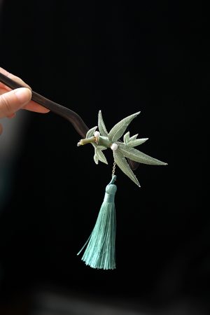 Chinese-Style Hairpin, Qipao Hair Accessory with Embroidered Bamboo Leaves and Flowing Tassel, Hanfu National Style Pin