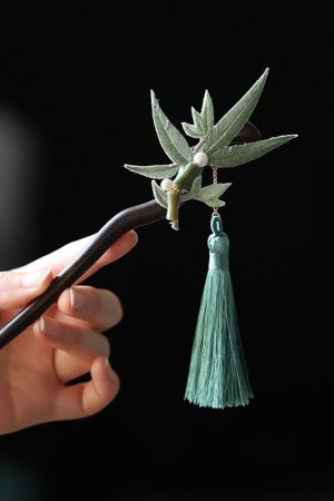 Chinese-Style Hairpin, Qipao Hair Accessory with Embroidered Bamboo Leaves and Flowing Tassel, Hanfu National Style Pin