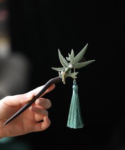 Chinese-Style Hairpin, Qipao Hair Accessory with Embroidered Bamboo Leaves and Flowing Tassel, Hanfu National Style Pin