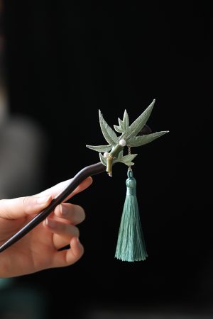 Chinese-Style Hairpin, Qipao Hair Accessory with Embroidered Bamboo Leaves and Flowing Tassel, Hanfu National Style Pin