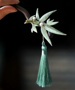 Chinese-Style Hairpin, Qipao Hair Accessory with Embroidered Bamboo Leaves and Flowing Tassel, Hanfu National Style Pin
