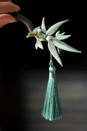 Chinese-Style Hairpin, Qipao Hair Accessory with Embroidered Bamboo Leaves and Flowing Tassel, Hanfu National Style Pin