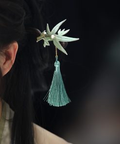 Chinese-Style Hairpin, Qipao Hair Accessory with Embroidered Bamboo Leaves and Flowing Tassel, Hanfu National Style Pin