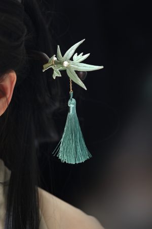 Chinese-Style Hairpin, Qipao Hair Accessory with Embroidered Bamboo Leaves and Flowing Tassel, Hanfu National Style Pin